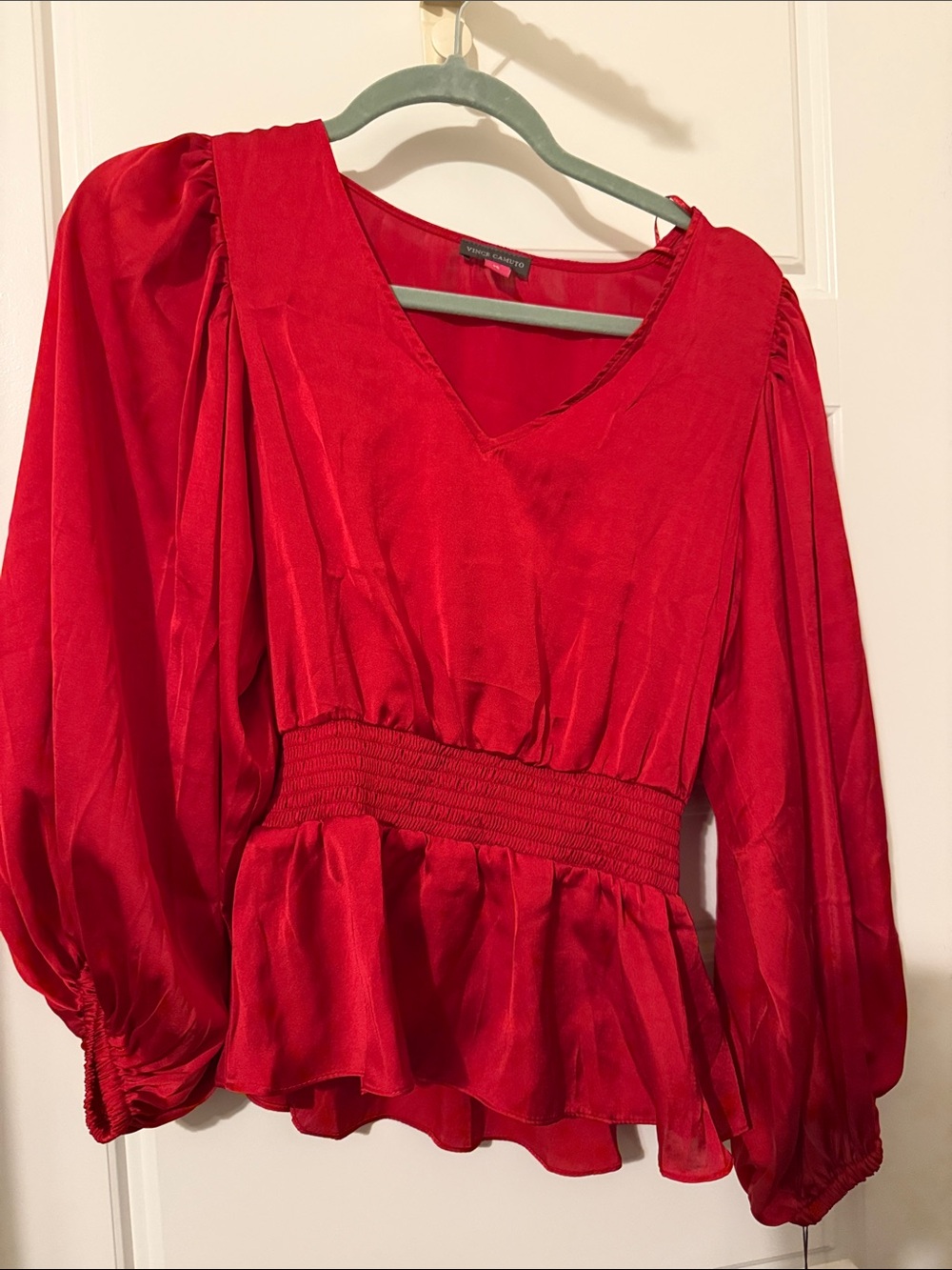 Vince Camuto Bold Red V-Neck Smocked Peplum Blouse